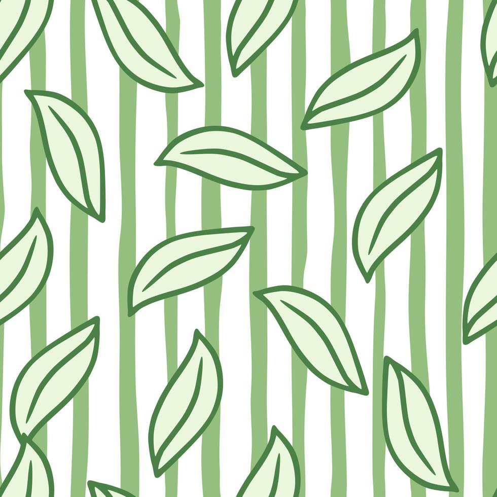 geometrische naadloze patroon met doodle overzicht blad vormen afdrukken. groene gestreepte achtergrond. vector