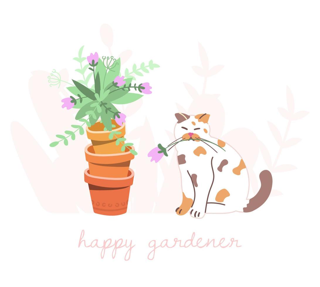 leuke lentekaart met een kat. tuinieren concept. dier in de tuin. hand tekenen illustratie in cartoon-stijl met belettering - gelukkige tuinman. vector