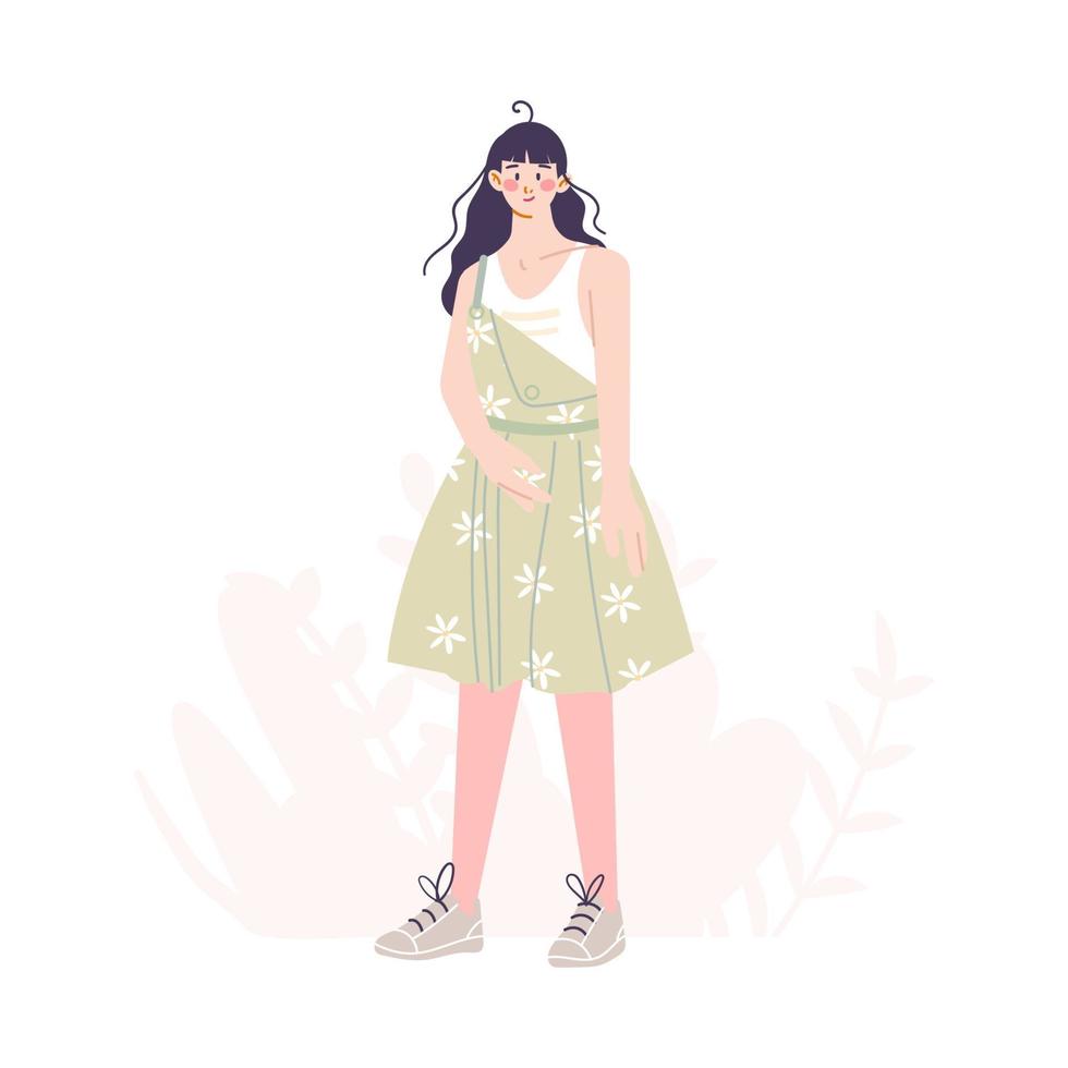 lachend meisje in een zomerjurk. jonge meisjestuinman. zomer lente outfit. hand tekenen illustratie in cartoon-stijl. vector