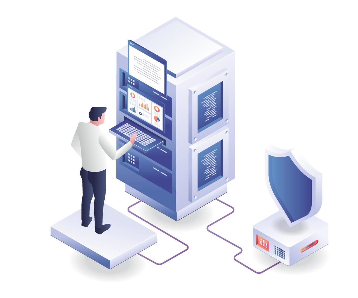 man die de beveiliging van de servercomputer in stand houdt vector