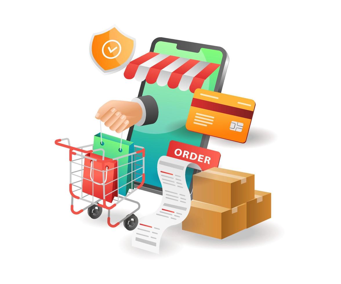 illustratie isometrisch concept. veiligheid van online winkelen in e-commerce winkels vector