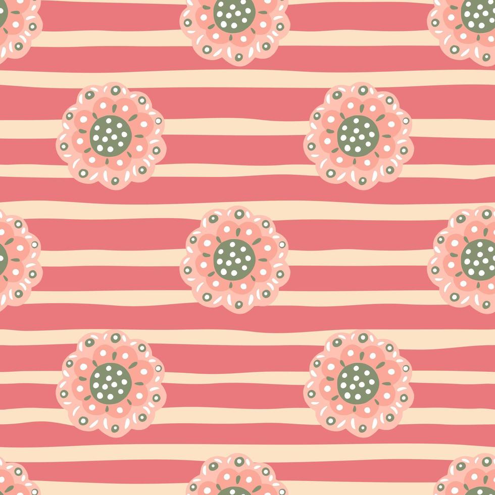 zomer sier bloemen naadloos patroon met doodle eenvoudige folh toppen print. roze gestreepte achtergrond. vector