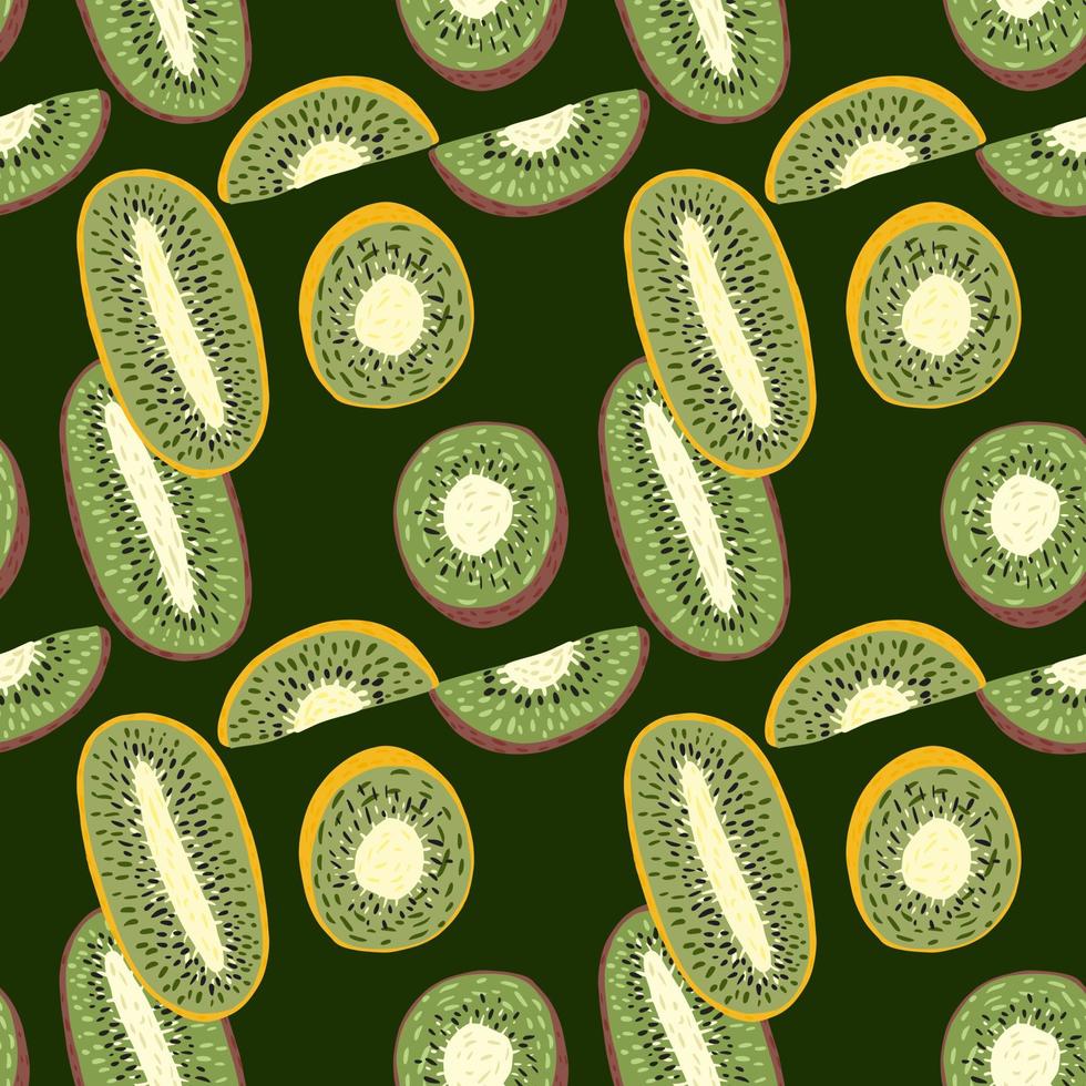 veganistisch gezond naadloos patroon met doodle kiwi-elementen afdrukken. donkere olijf achtergrond. exotische tropische vormen. vector