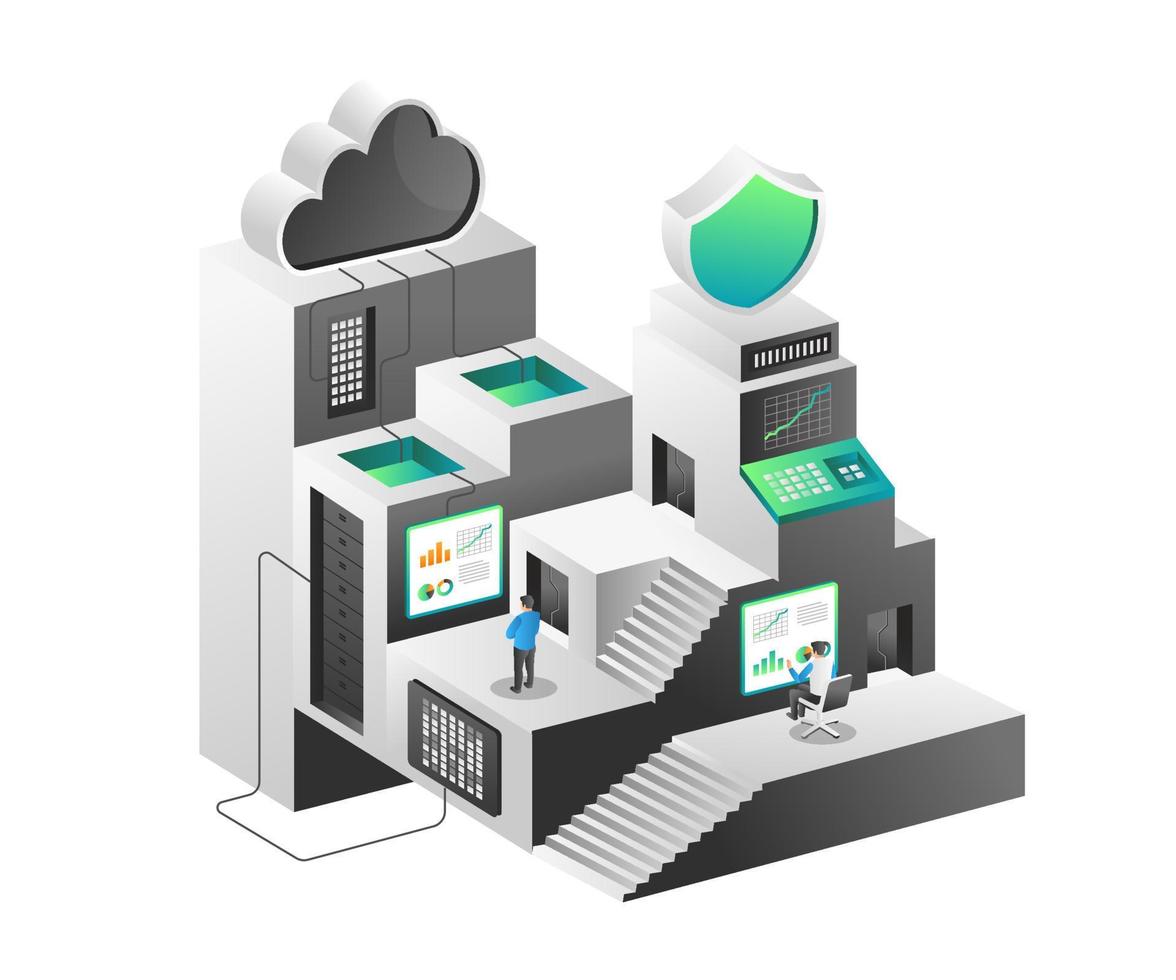 isometrische illustratie concept. cloud data server netwerk bouwen vector