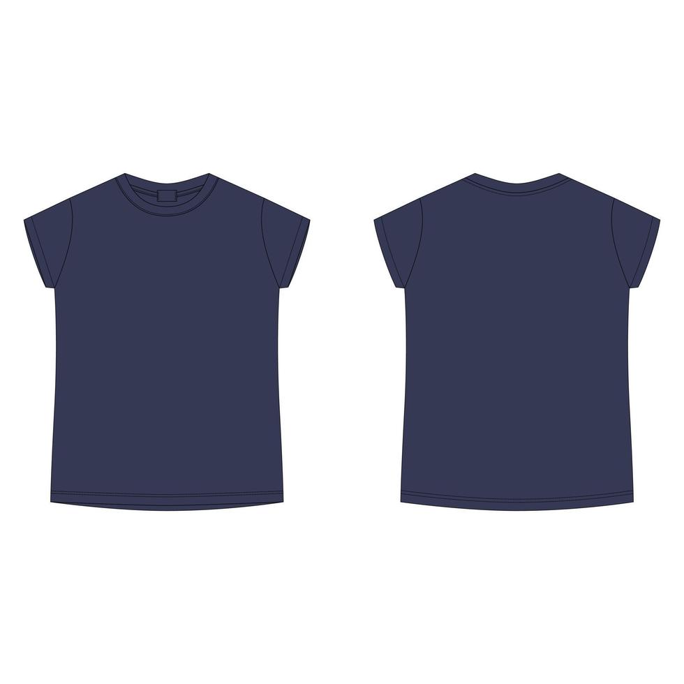 katoenen t-shirt lege sjabloon. technische schets voor kinderen t-shirt geïsoleerd op een witte achtergrond. marineblauwe kleur. voor-en achterkant. vector