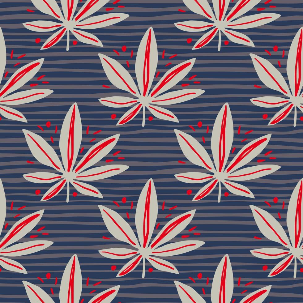 naadloos eenvoudig patroon met grijze marihuana ornament en rode details. marineblauwe achtergrond met strips. vector