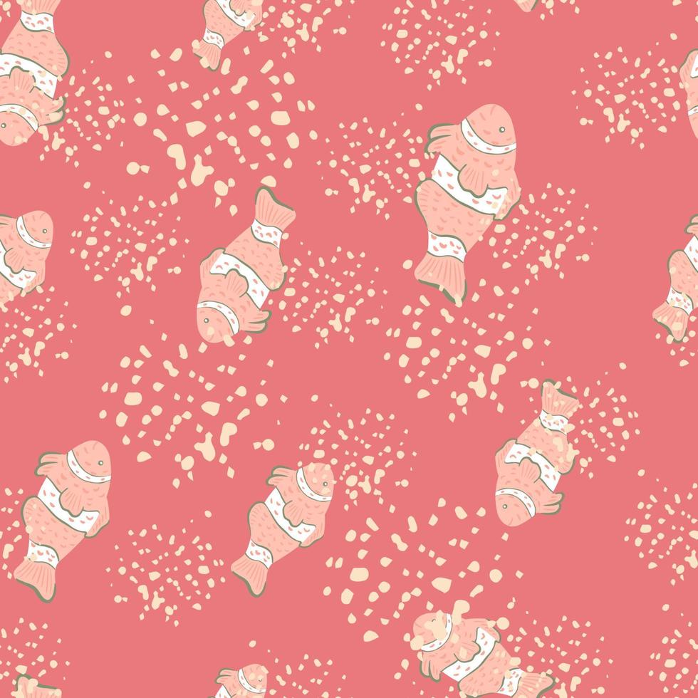 abstracte mariene naadloze patroon met willekeurige clown vis silhouetten. achtergrond met spatten. roze palet. vector