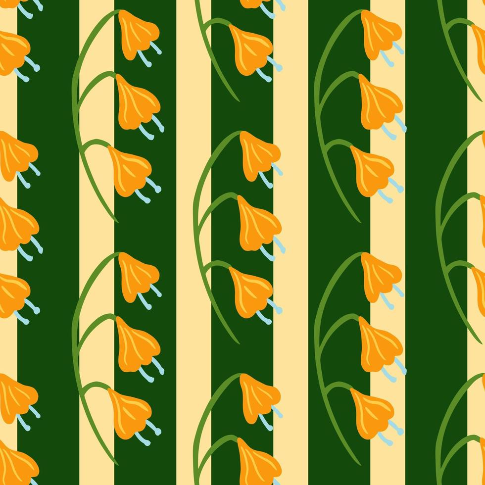 zomer naadloze patroon met doodle fel oranje bell bloemen print. groene gestreepte achtergrond. vector