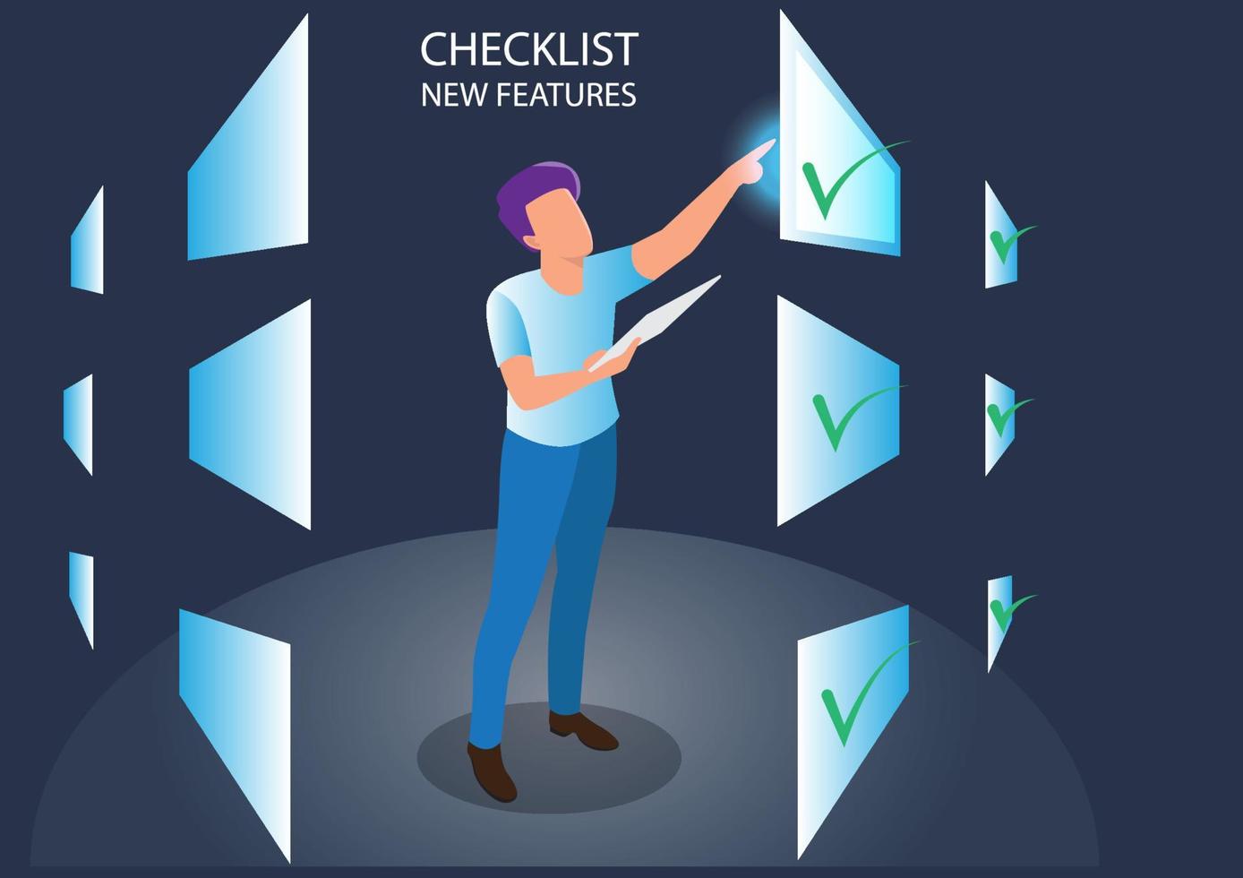 man met marker teken een groen vinkje in de lege ruimte. checklist nieuwe functie die nodig is voor online handelen. vlakke stijl vectorillustratie vector