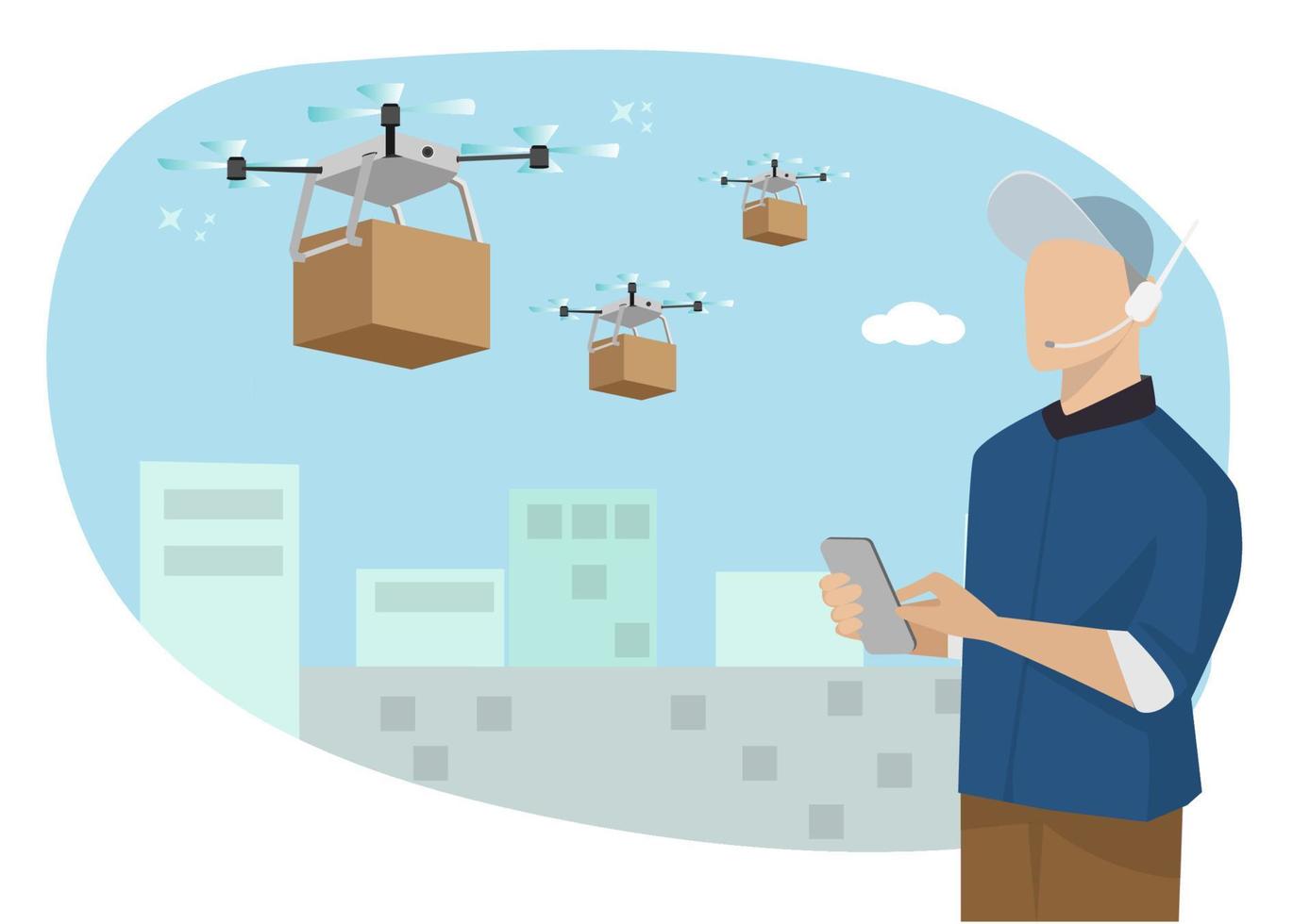 een jonge medewerker bestuurt een drone voor het bezorgen van fastfood aan klanten op basis van hun bestellingen vector