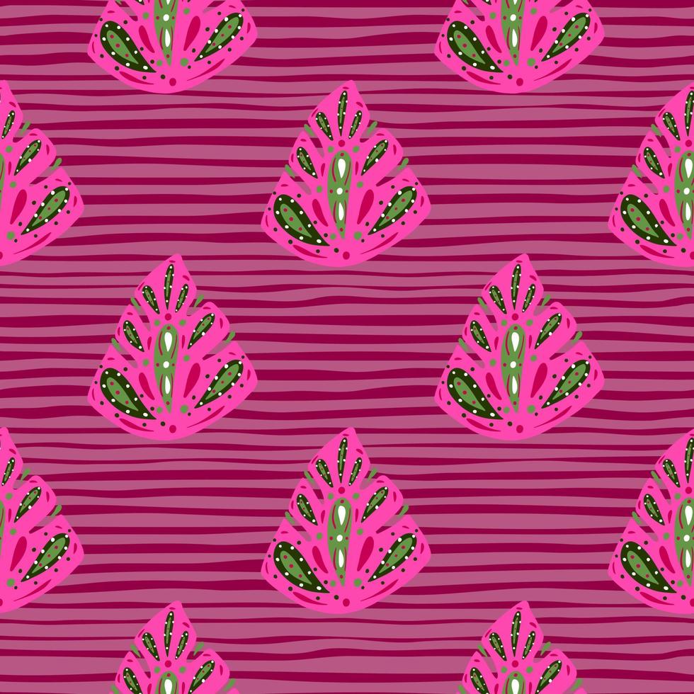 roze en groen gekleurde abstracte monstera-elementen print. roze gestreepte achtergrond. doodle flora achtergrond. vector