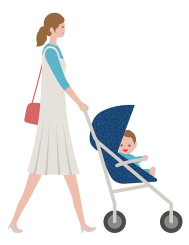Moeder met een baby in een wandelwagen, die op witte achtergrond wordt geïsoleerd. vector