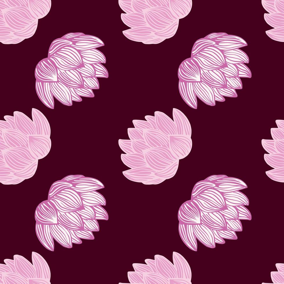 bloei naadloos patroon met voorgevormde roze lotusbloemvormen. donkere kastanjebruine achtergrond. simpel ontwerp. vector