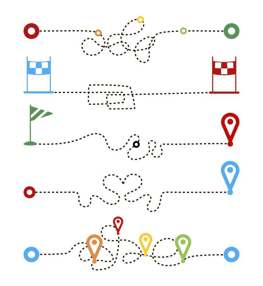 stel gestippelde paden routes geïsoleerd op een witte achtergrond. transport volgen, reizen, kaartspelden, locatiespelden. zakelijke grafiek, psychotherapie, op weg naar het doel. vector