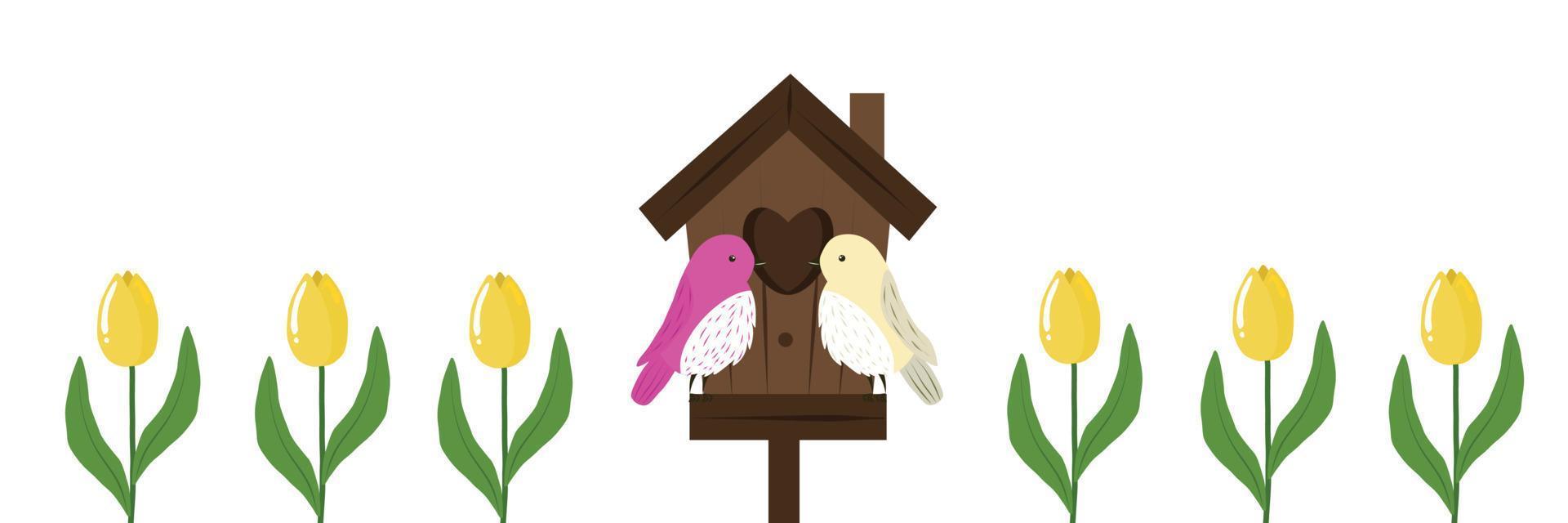 leuke groetbanner met tulpen en vogels in het vogelhuisje vector