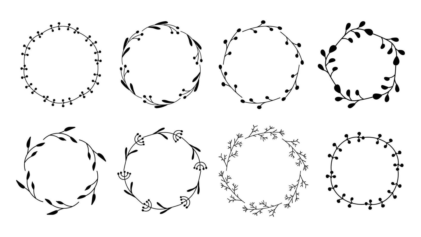 collectie bloemen ronde frames met lijn voor tekst en offerte. set frame met plant silhouet voor huwelijksuitnodigingen en monogrammen. geïsoleerde vectorillustratie. vector