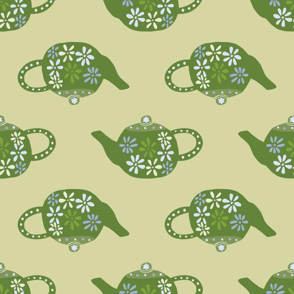 groene theepotten ornament naadloos patroon. keramische gerechten met bloemen op lichtbeige achtergrond. vector