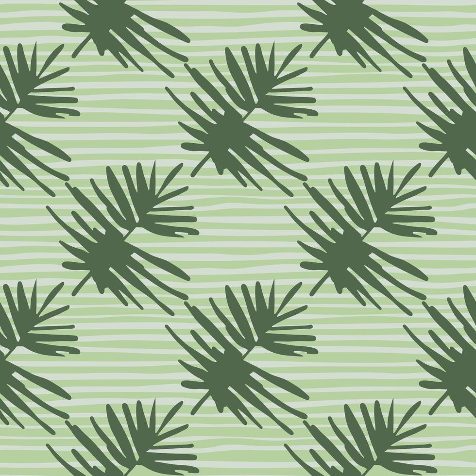 pastel hand getekende naadloze tropische gebladerte sieraad. laat silhouetten in zachte groene kleur op gestripte turkooizen achtergrond. vector