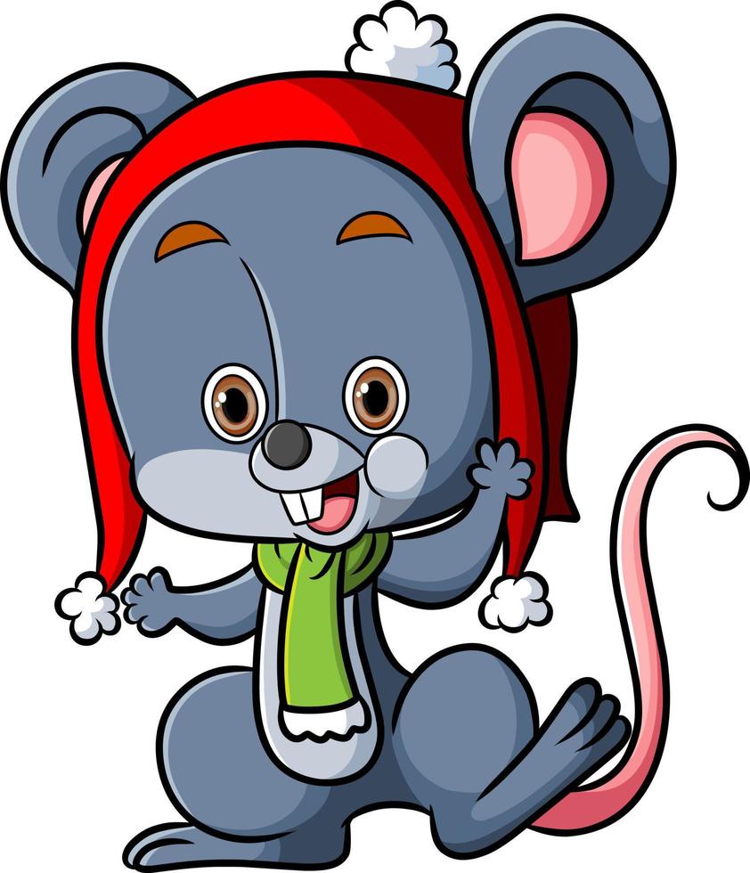 de schattige muis die een muts draagt en iemand groet vector