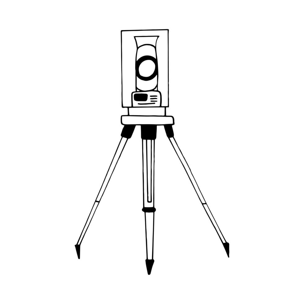 toerenteller, total station theodoliet hand getrokken doodle. , minimalisme, scandinavisch, zwart-wit, noords, schets. icoon, sticker. geodesie, cartografie, meting, constructie, survey. vector