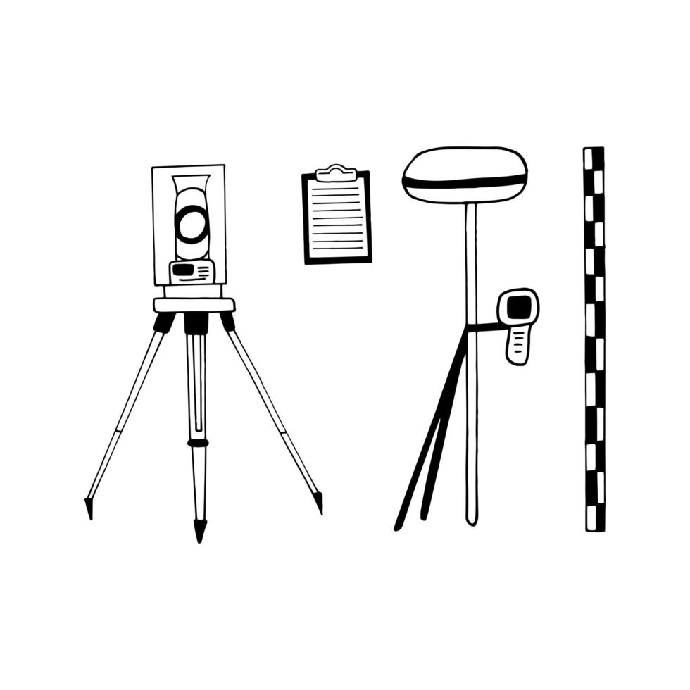 toerenteller, technisch niveau, total station, nivellering, tablet, set handgetekende doodle. , minimalisme, scandinavisch, schets. icoon, sticker. geodesie, cartografie, meting, constructie, survey vector