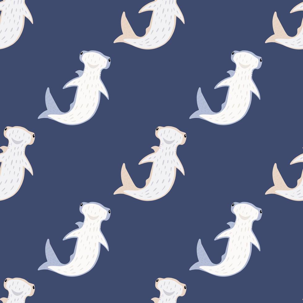 hamerhaaien silhouetten in witte kleur naadloos patroon. pastel marineblauwe achtergrond. vector