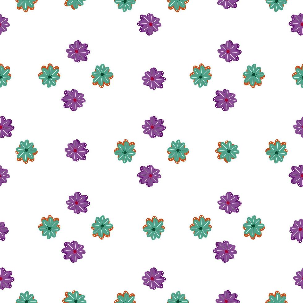geometrische stijl naadloze patroon met blauwe en paarse margriet bloemen vormen. witte achtergrond. vector