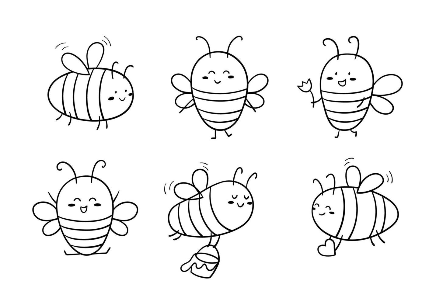 grappige doodle schets schattige bijen. hand getekende vliegende insecten. lineaire vectorillustratie. vector
