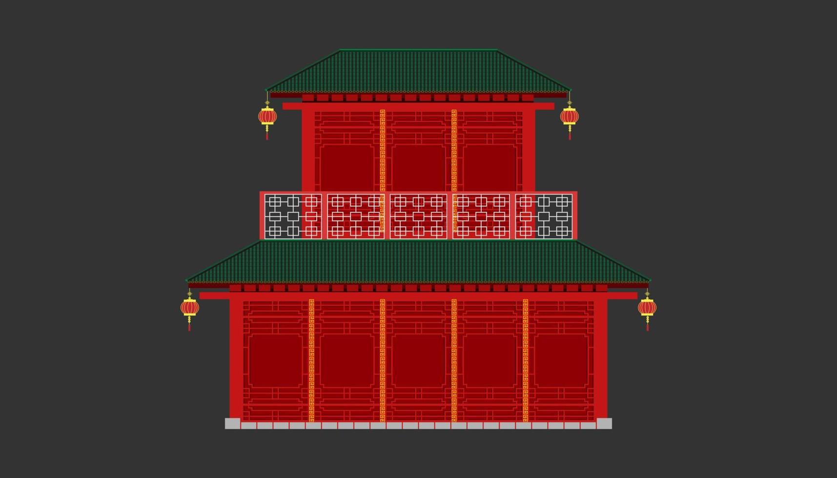 traditioneel Chinees huis met twee verdiepingen, er is een muur met een rood houtpatroon met een klein beetje zwart. geen deuren en ramen. vector illustratie eps10