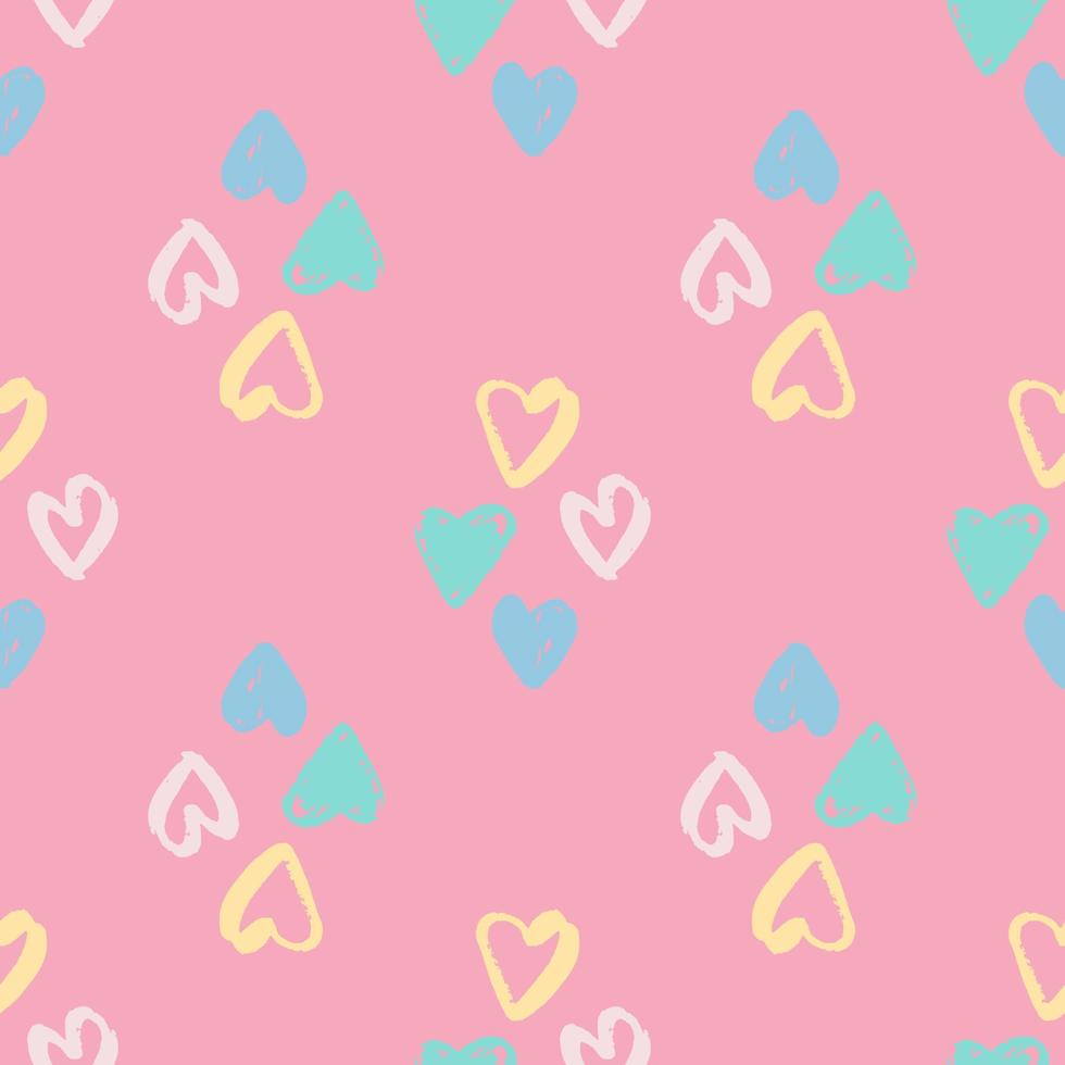 teder hart ornament naadloos patroon. romantische print met blauwe, gele en witte valentijn silhouetten op roze achtergrond. vector