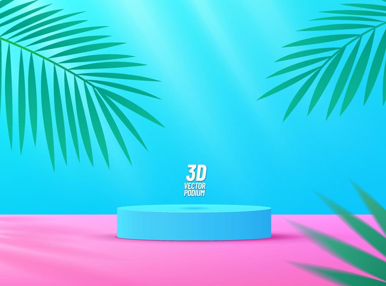 abstract lichtblauw cilinder voetstuk podium, blauwe en roze achtergrond, groen palmblad versieren. vector rendering 3D-vorm, product display presentatie. zomer concept. minimale wandscène.