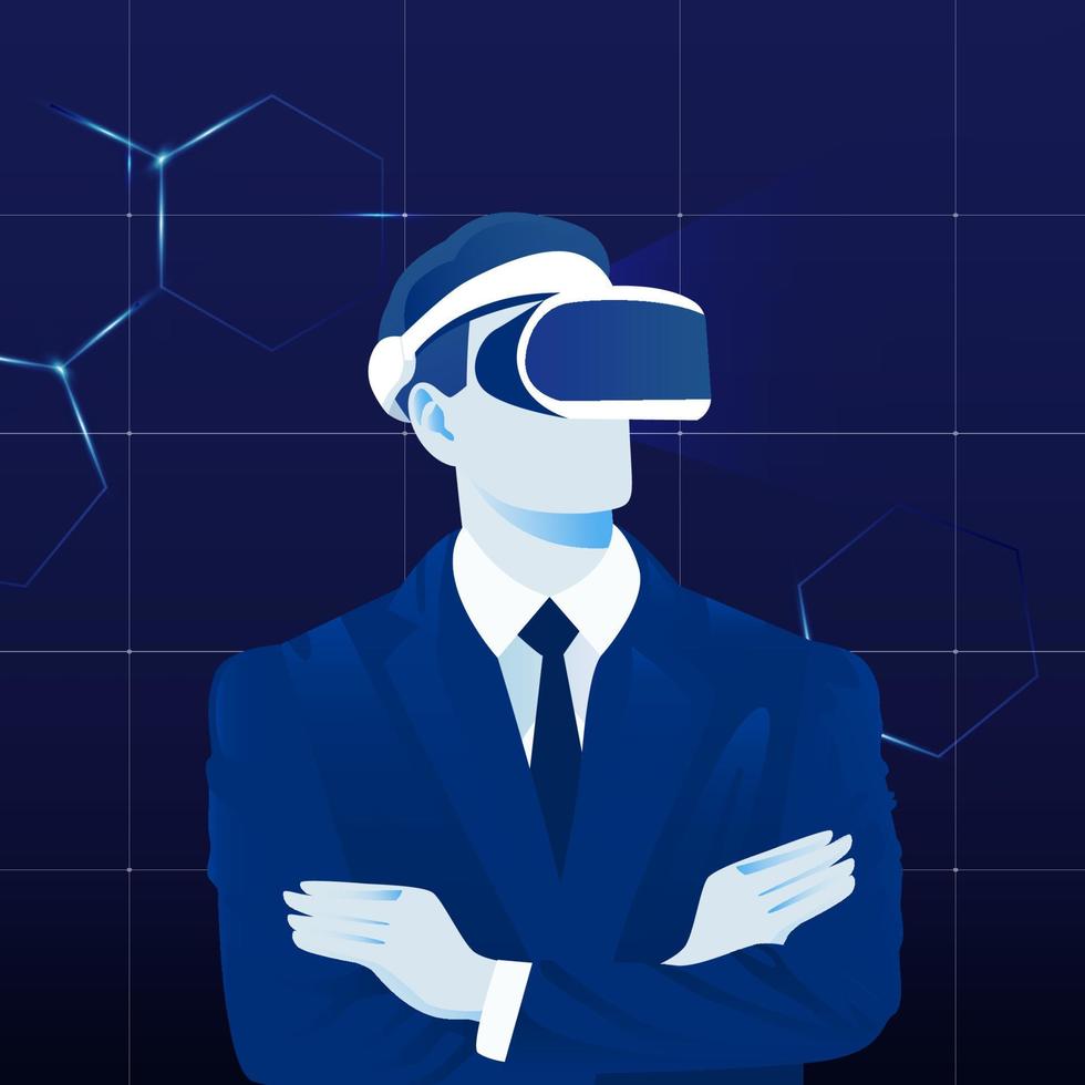 man ervaart virtual reality met behulp van headset. metaverse digitale cyber wereld technologie vector achtergrond illustratie