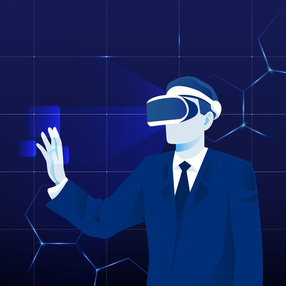 man ervaart virtual reality met behulp van headset. metaverse digitale cyber wereld technologie vector achtergrond illustratie