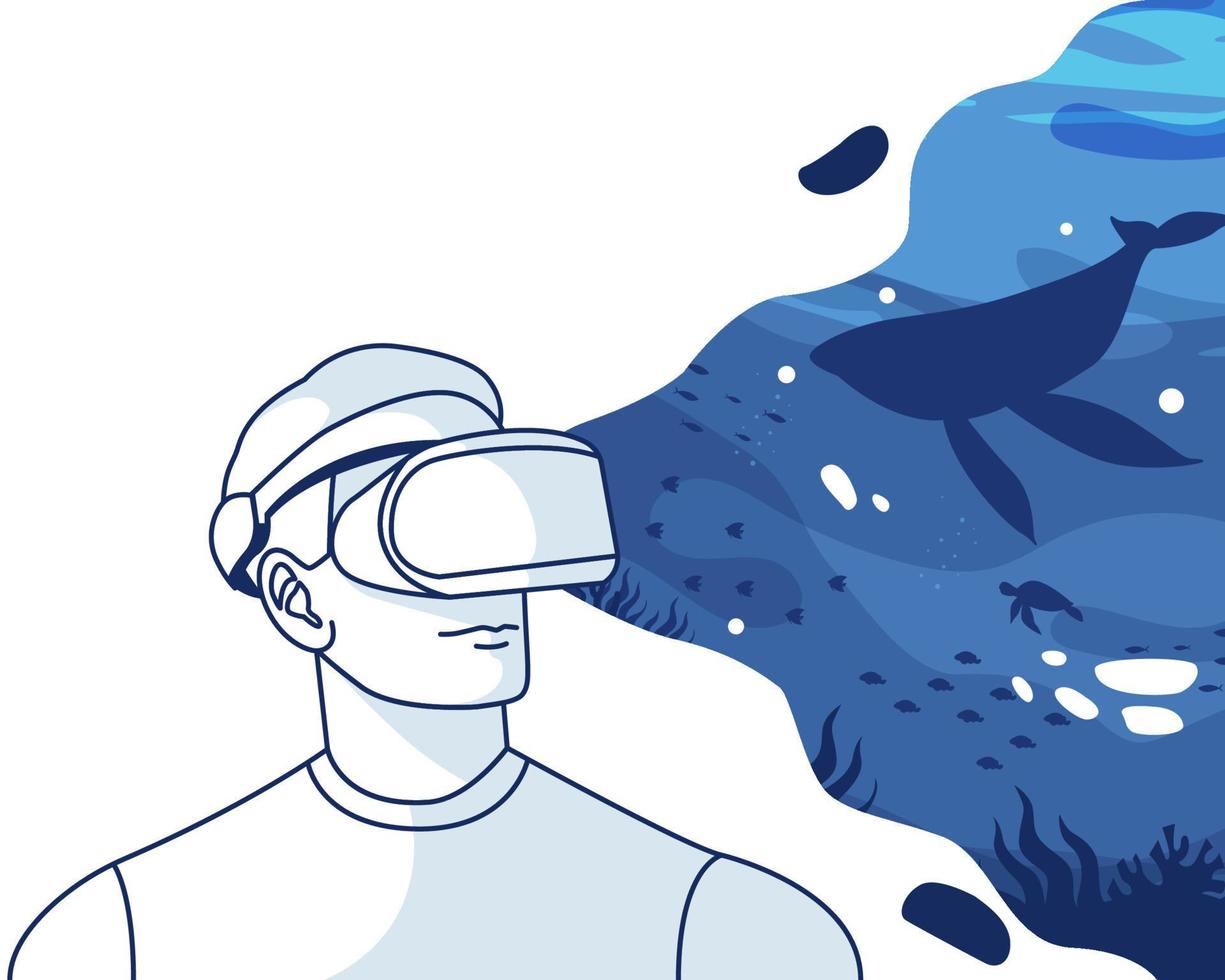 man die virtual reality ervaart met behulp van de oceaan. metaverse digitale cyber wereld technologie vector achtergrond illustratie