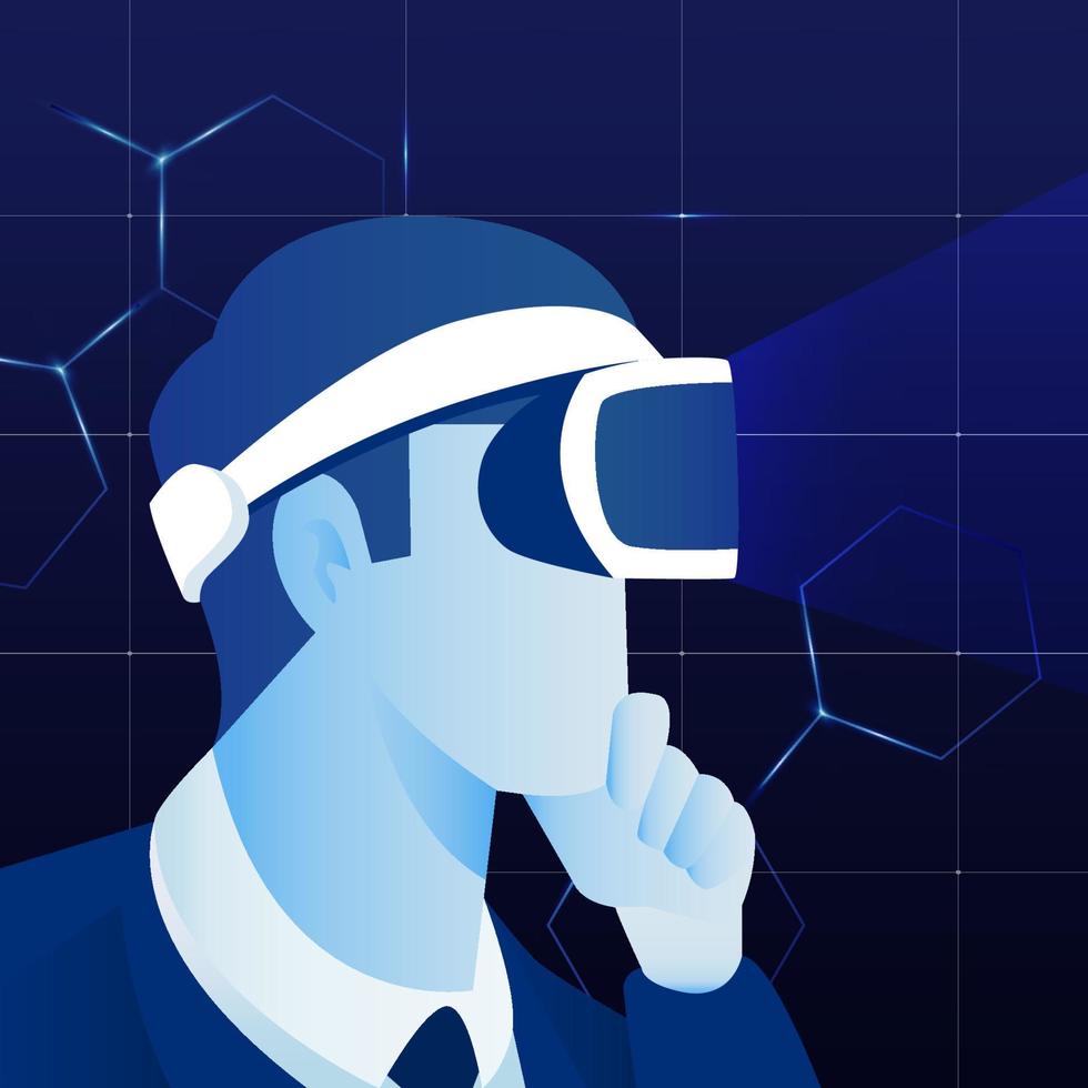 man ervaart virtual reality met behulp van headset. metaverse digitale cyber wereld technologie vector achtergrond illustratie