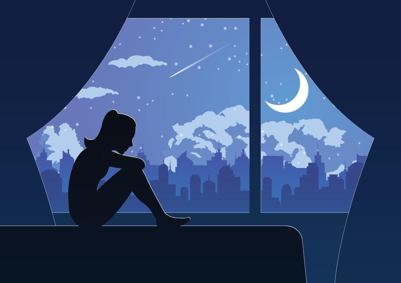 silhouetontwerp van eenzaam meisje zit droevig in haar kamer vector