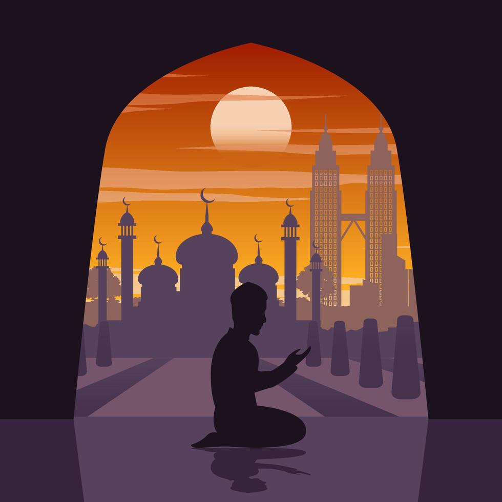 silhouet van activiteiten van mensen bij beroemde bezienswaardigheid moslim man bidden in moskee in maleisië vector