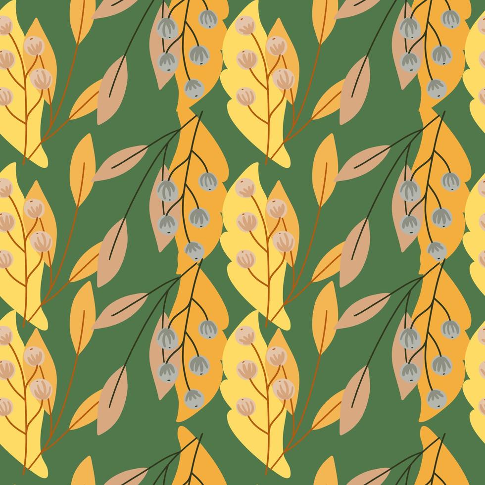 oranje en geel gekleurde rowan berry elementen naadloze doodle patroon. groene achtergrond. herfst seizoen afdrukken. vector