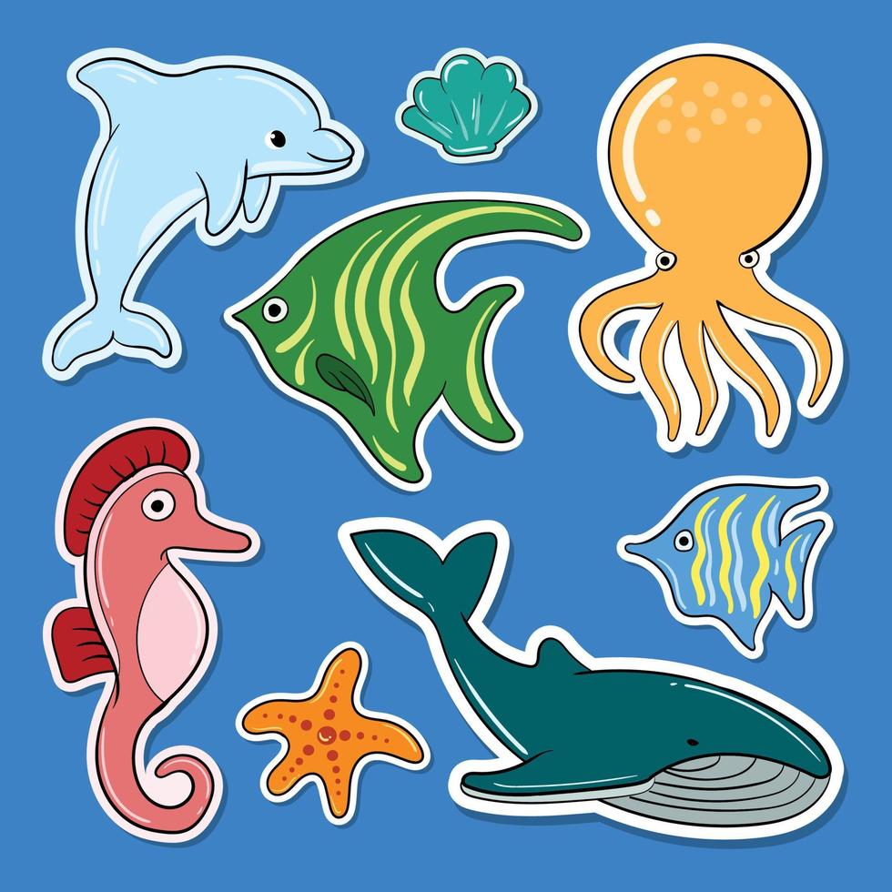 stickerverzameling van walvissen, dolfijnen, zeesterren, zeepaardjes, vissen, octopussen, schelpen gratis vector