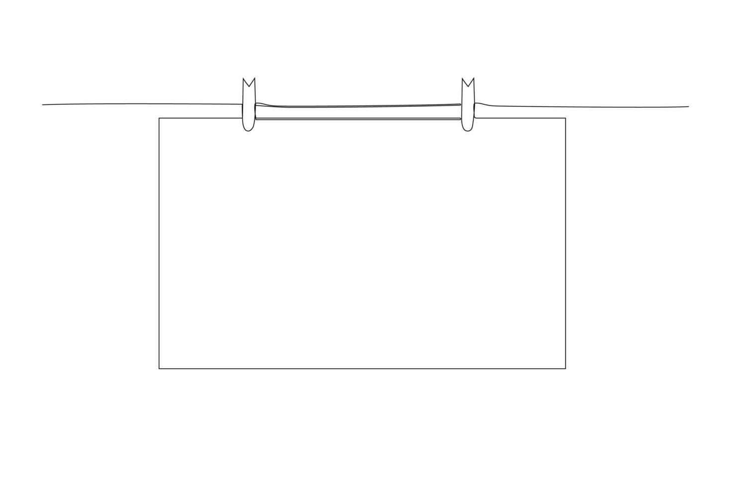 enkele doorlopende lijntekening een lege vierkante notitie papieren kaart hangend met houten clip of wasknijper aan touwkoordpin. vectorillustratie. vector