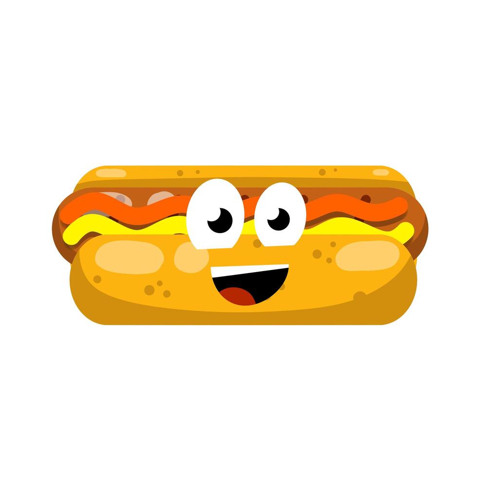 heerlijk broodje. brood, worst, ketchup. pictogram schadelijk dieet. cartoon vlakke afbeelding. mascotte van fast junkfood vector