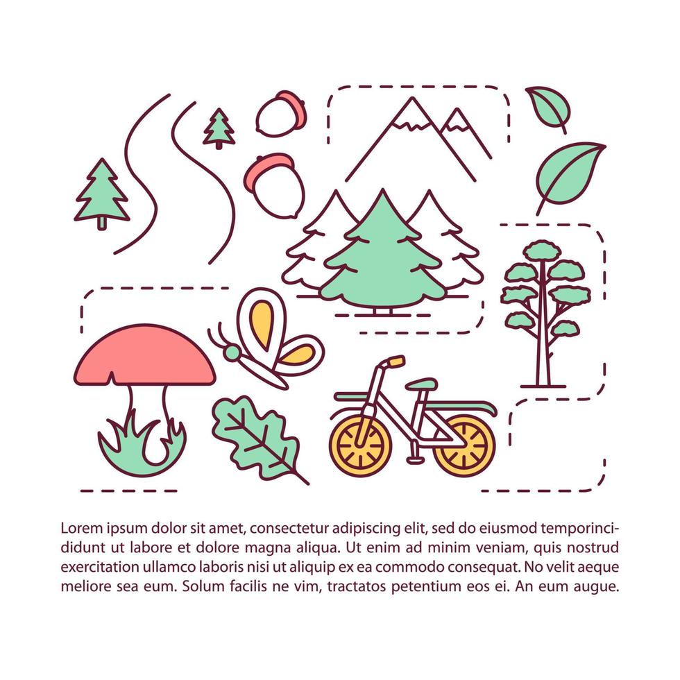 nationaal park artikel pagina vector sjabloon. recreatieve stedelijke plek. brochure, tijdschrift, boekje ontwerpelement met lineaire pictogrammen en tekstvakken. print ontwerp. conceptillustraties met tekstruimte