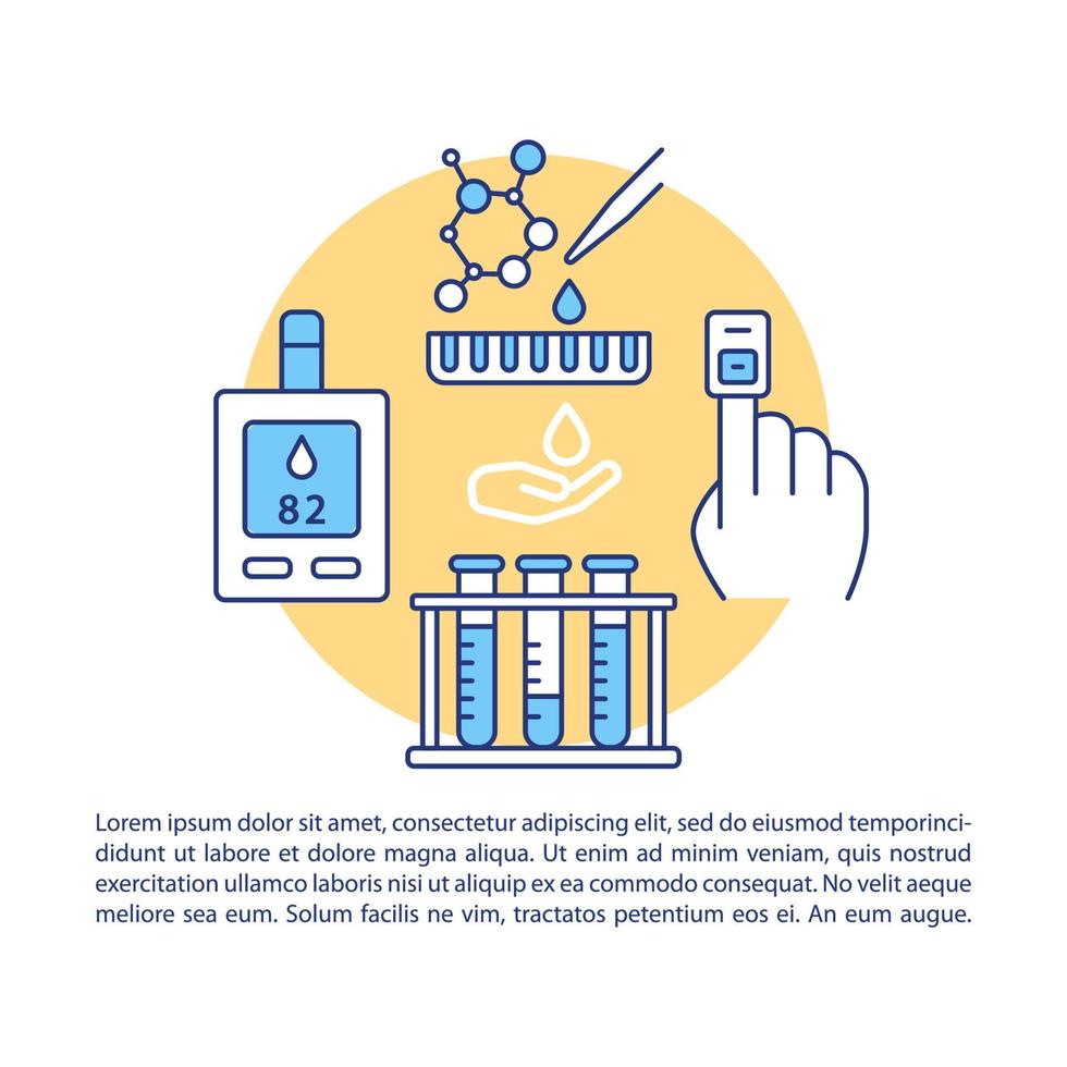 bloedsuiker test artikel pagina vector sjabloon. diabetespatiënten gezondheidszorg. brochure, tijdschrift, boekje ontwerpelement, lineaire pictogrammen, tekstvak. print ontwerp. conceptillustraties met tekstruimte