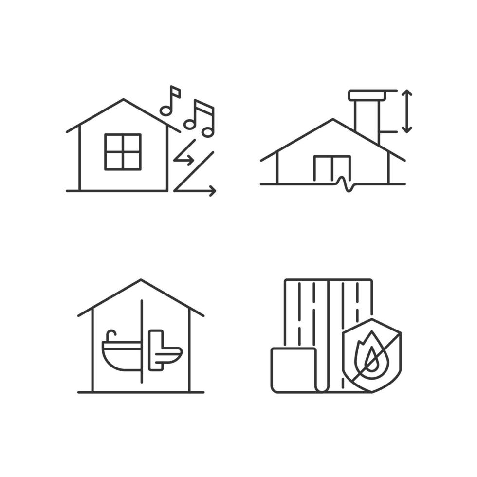 huis bouw veiligheid lineaire pictogrammen instellen. geluidsisolatie. minimale schoorsteenhoogte. weerstand tegen vuur. aanpasbare dunne lijncontoursymbolen. geïsoleerde vectoroverzichtsillustraties. bewerkbare streek vector