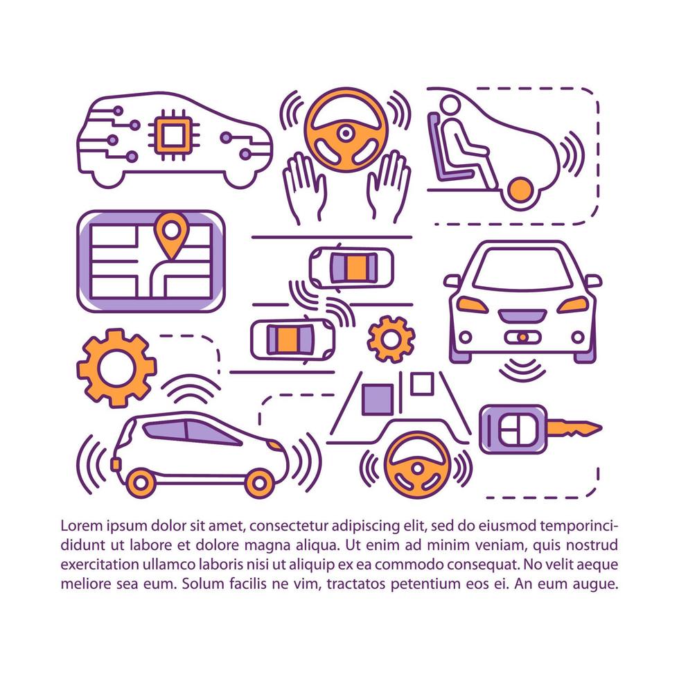 zelfrijdende auto artikel pagina vector sjabloon. autonoom autosysteem. brochure, tijdschrift, boekje ontwerpelement met lineaire pictogrammen en tekstvakken. print ontwerp. conceptillustraties met tekstruimte