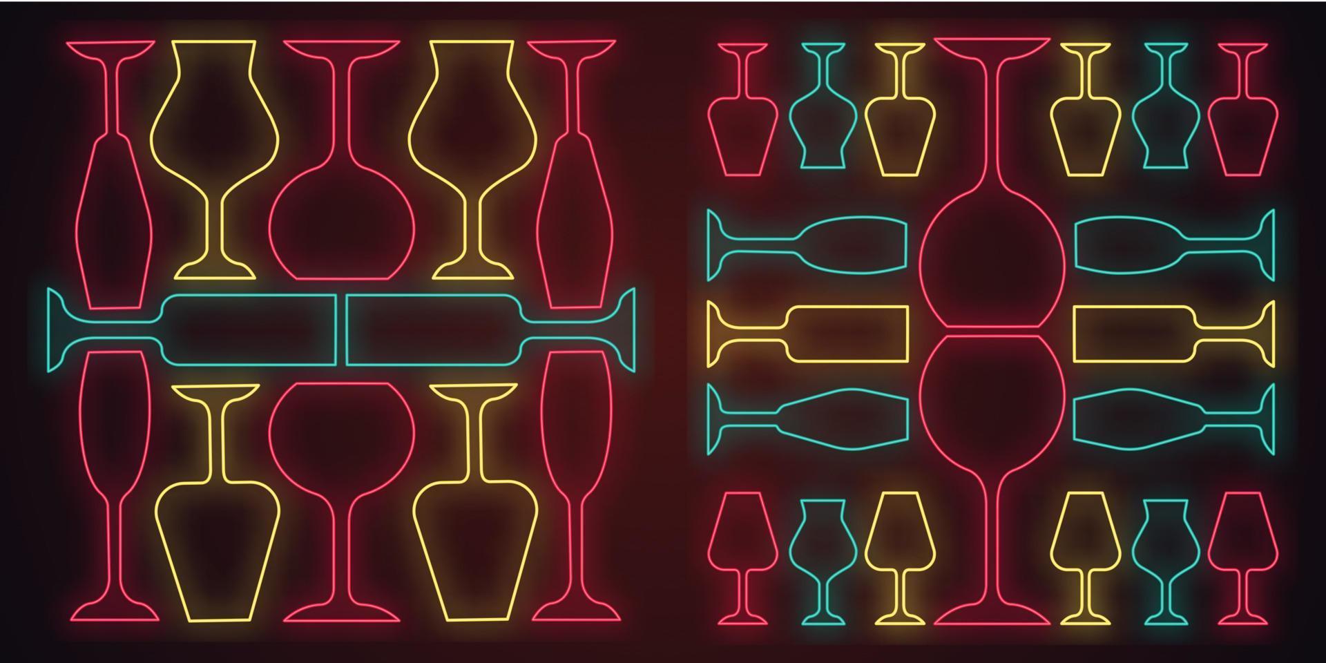 wijnglazen neon licht iconen set. restaurantservice. alcohol reep. port en madeira glazen. alcoholische dranken glaswerk. gloeiende borden. geïsoleerde vectorillustraties vector