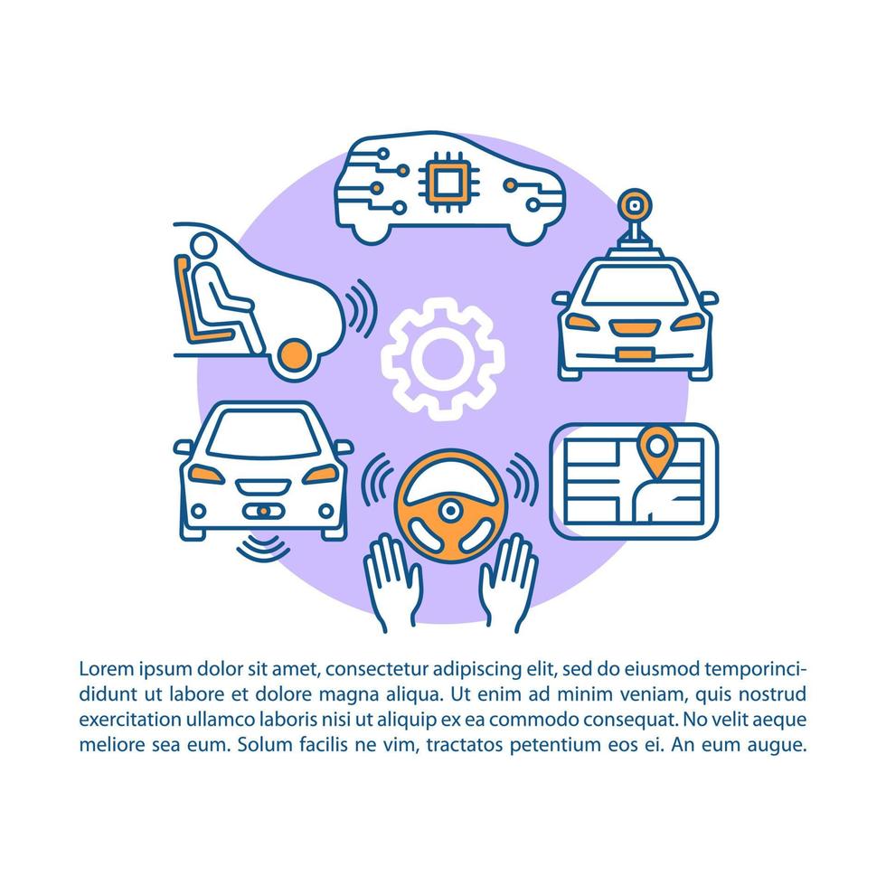 zelfrijdende auto artikel pagina vector sjabloon. voertuig zonder bestuurder. autonome auto. brochure, tijdschrift, boekje ontwerpelement met lineaire pictogrammen en tekst. print ontwerp. concept illustraties