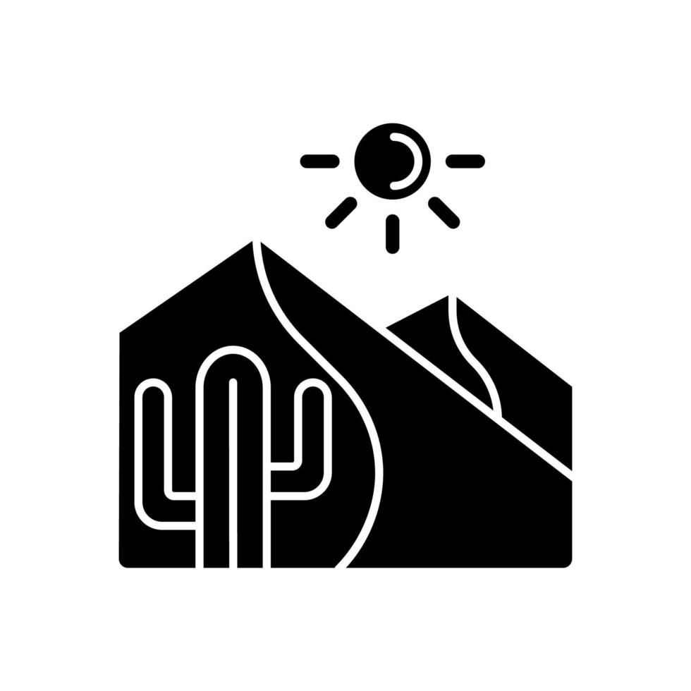 hete woestijn zwarte glyph-pictogram. zandgrond met een hoge temperatuur. grote droge ruimte. gebied met weinig neerslag. droge en harde klimaatzone. silhouet symbool op witte ruimte. vector geïsoleerde illustratie