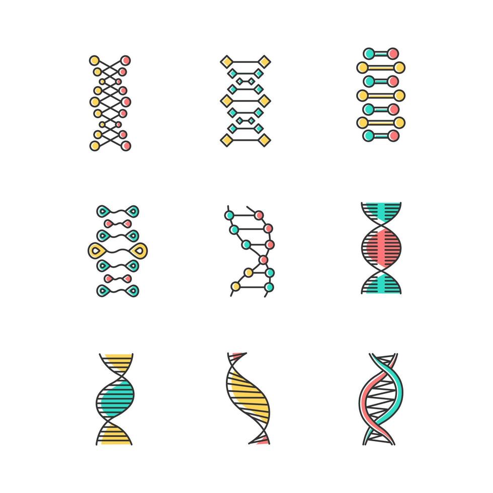 dna dubbele helix kleur pictogrammen instellen. deoxyribonucleïnezuur, nucleïnezuurstructuur. spiraalvormige strengen. chromosoom. moleculaire biologie. genetische code. genoom. genetica. geneesmiddel. geïsoleerde vectorillustraties vector