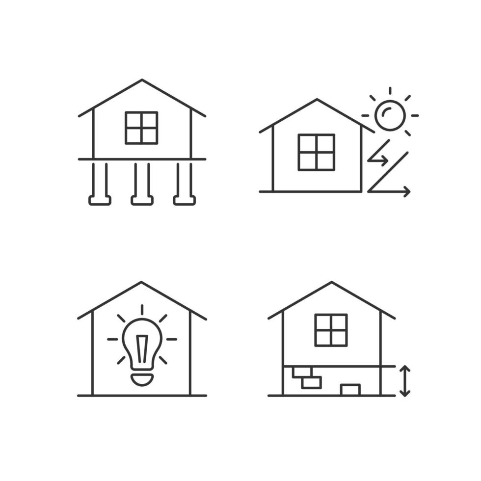 woongebouw lineaire pictogrammen instellen. paal fundering. thermische isolatie. elektriciteitsvoorziening aan huis. aanpasbare dunne lijncontoursymbolen. geïsoleerde vectoroverzichtsillustraties. bewerkbare streek vector